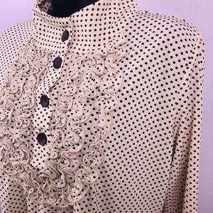 Band collar  frilled cream color polka dot tunic